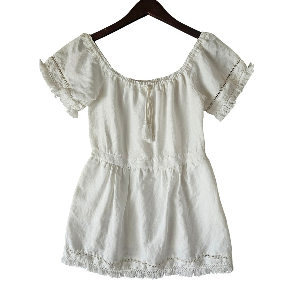 Saks Fifth Avenue Off Shoulder Dress Fringe Trim Short Sleeve Size M Off White